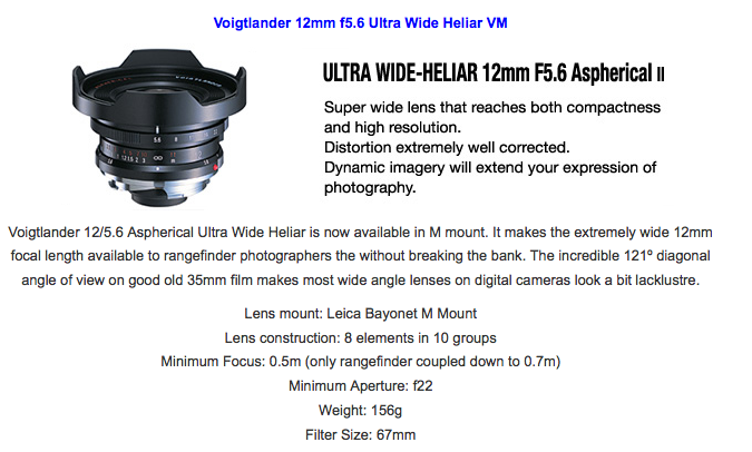 Voigtlander 12mm f5.6 Ultra Wide Heliar VM